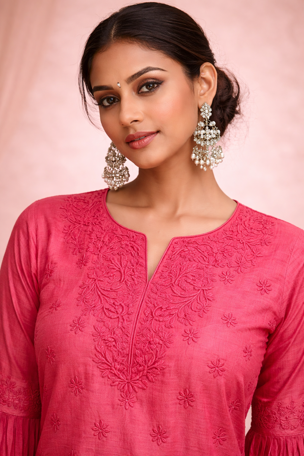 Fuchia pink ombre Chikankari long kurta