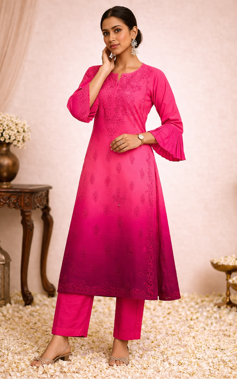 Fuchia pink ombre Chikankari long kurta