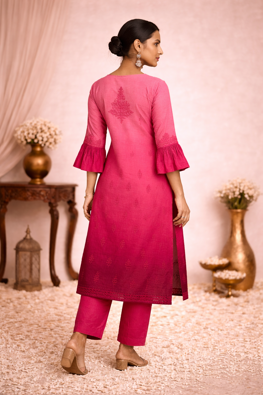 Fuchia pink ombre Chikankari long kurta