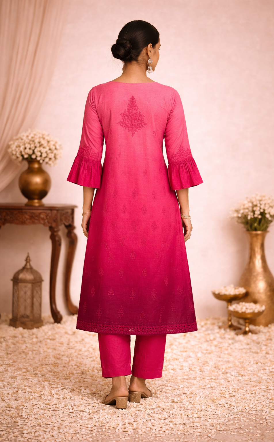 Fuchia pink ombre Chikankari long kurta