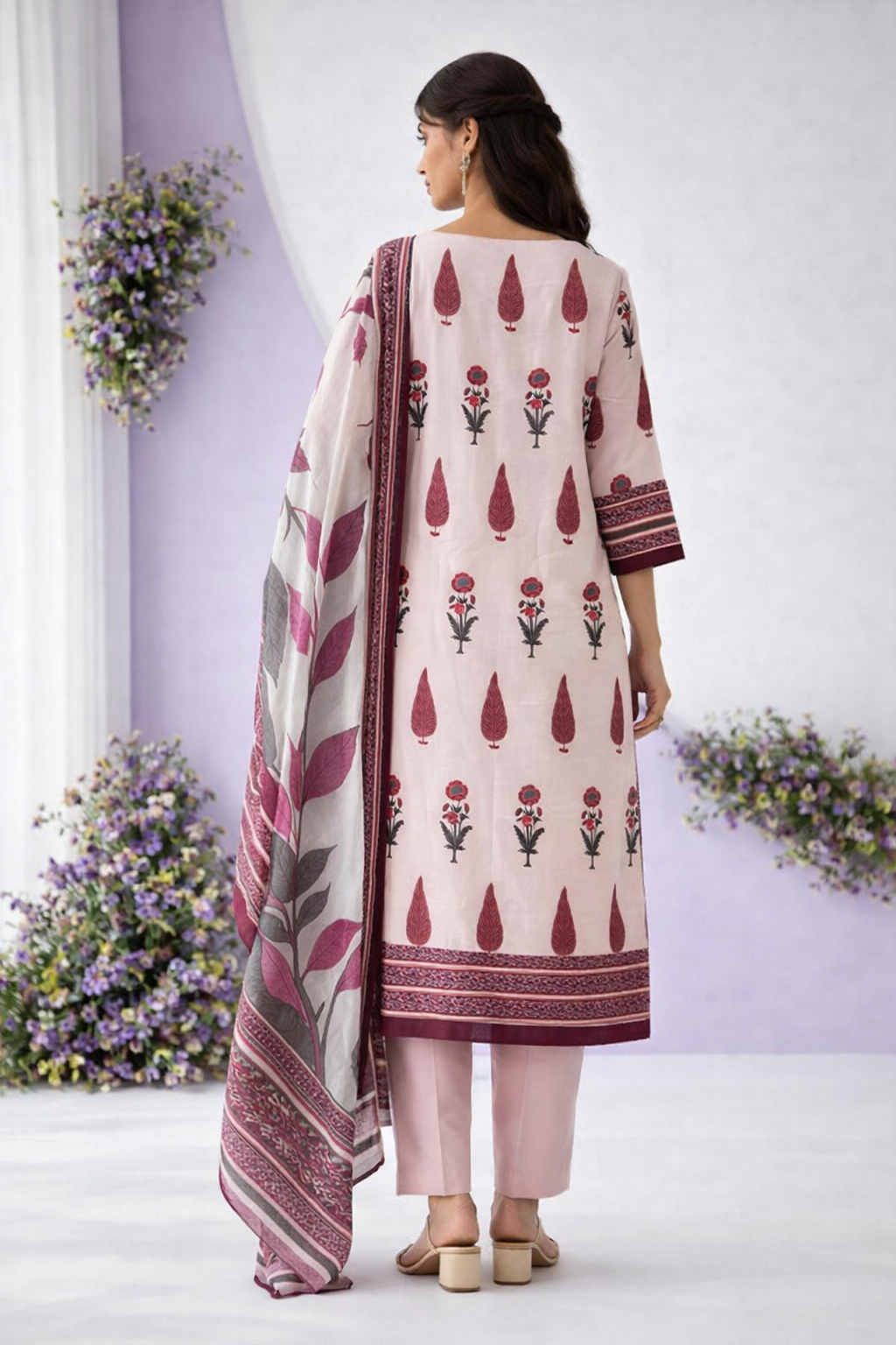 Beige Handblock Printed Cotton Dupatta Set