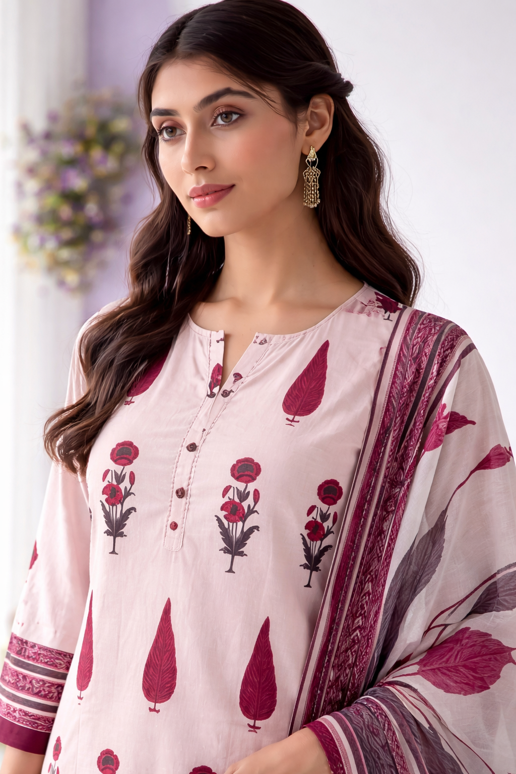 Beige Handblock Printed Cotton Dupatta Set