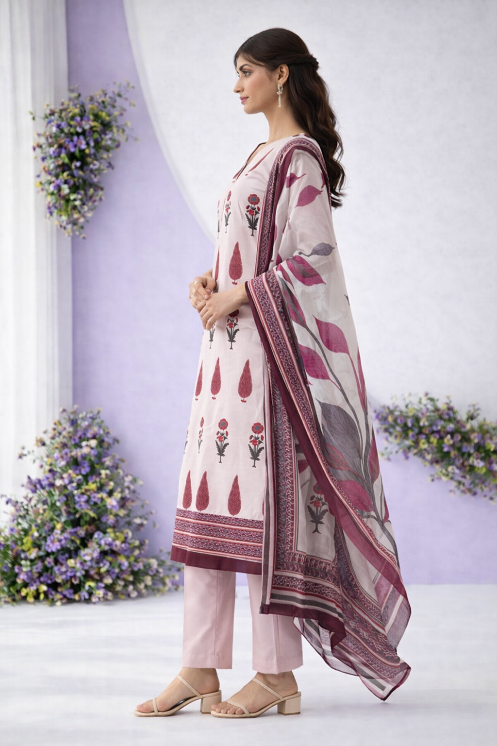 Beige Handblock Printed Cotton Dupatta Set