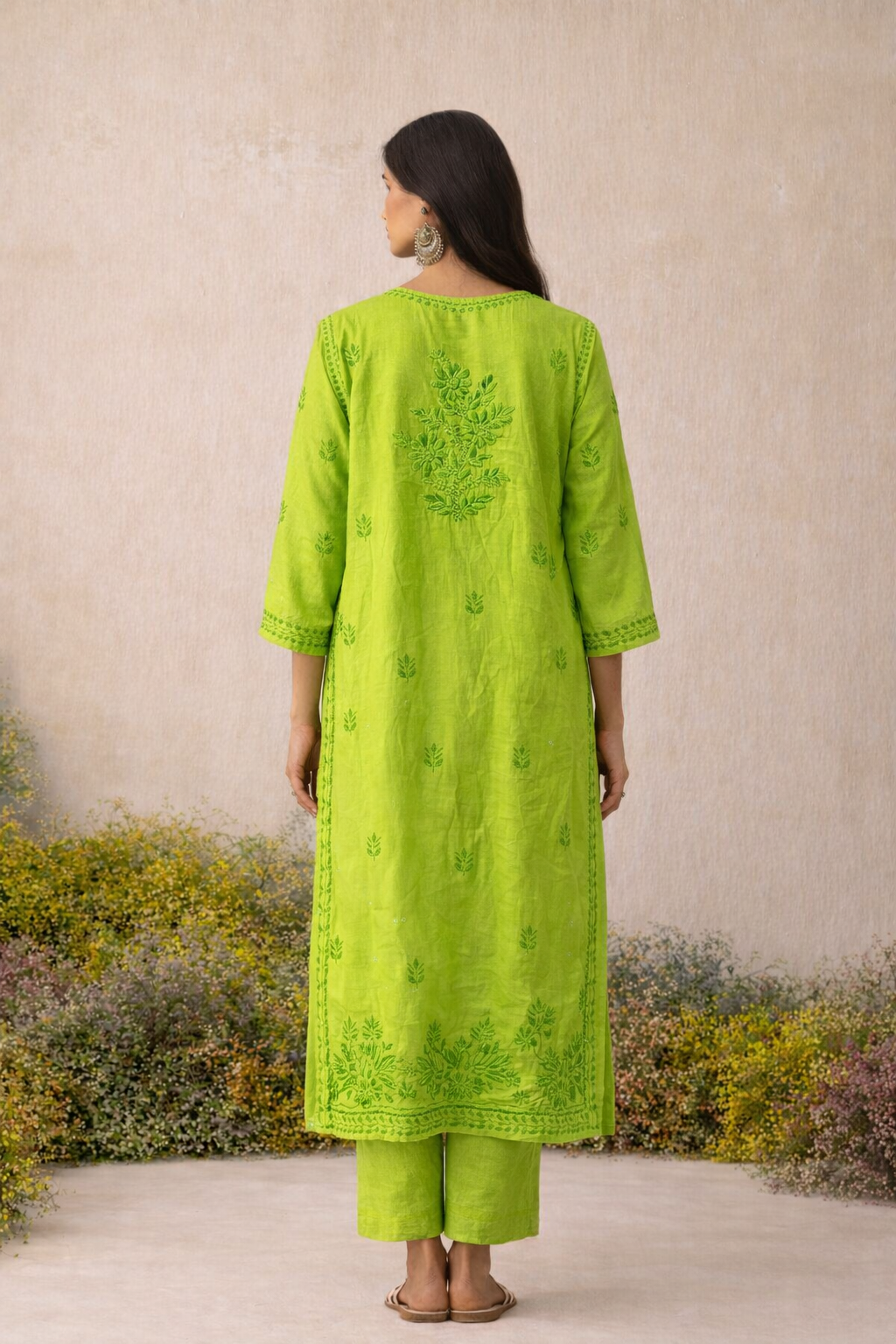 Lime Green Chikankari Long Kurta
