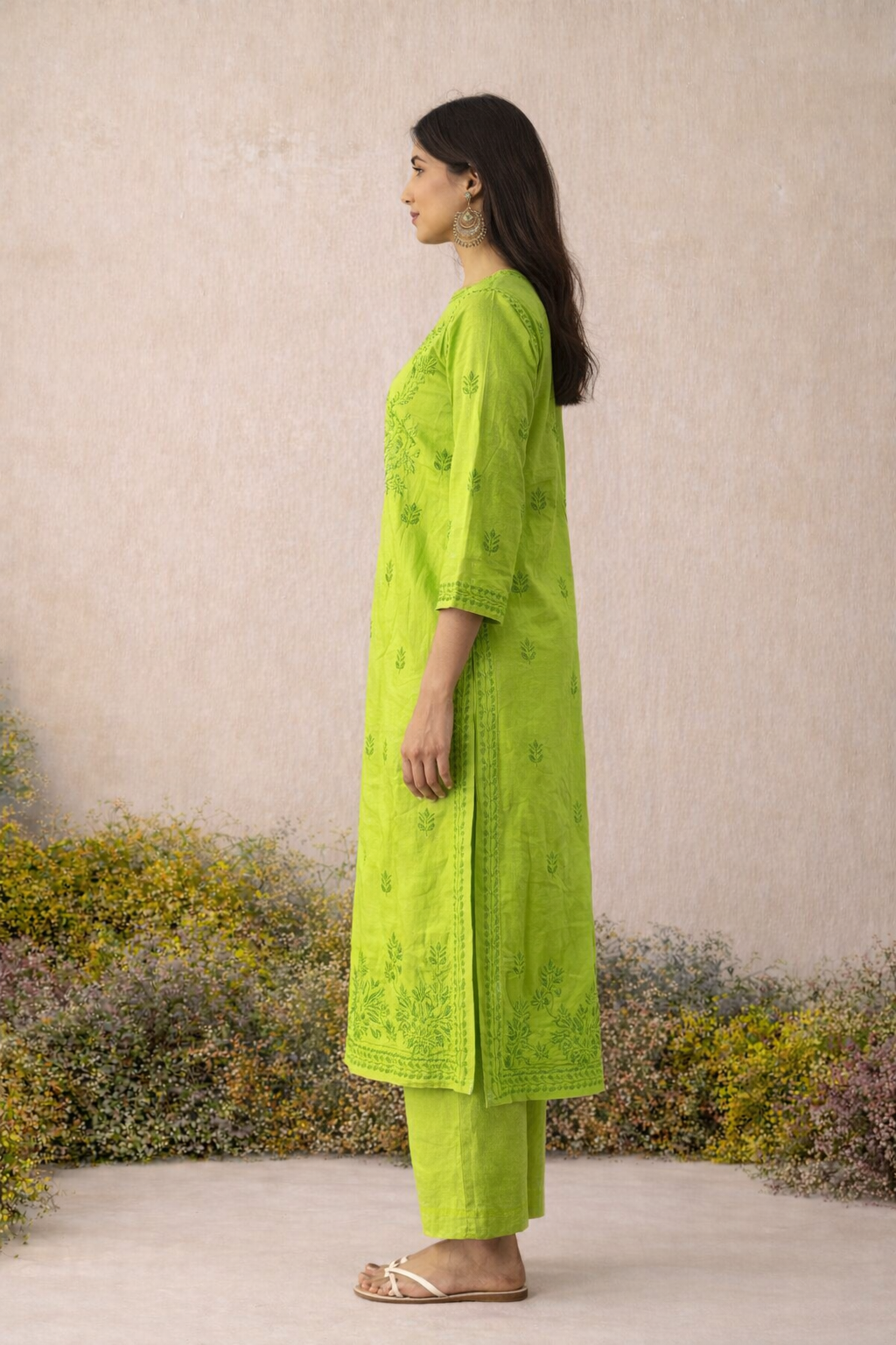 Lime Green Chikankari Long Kurta