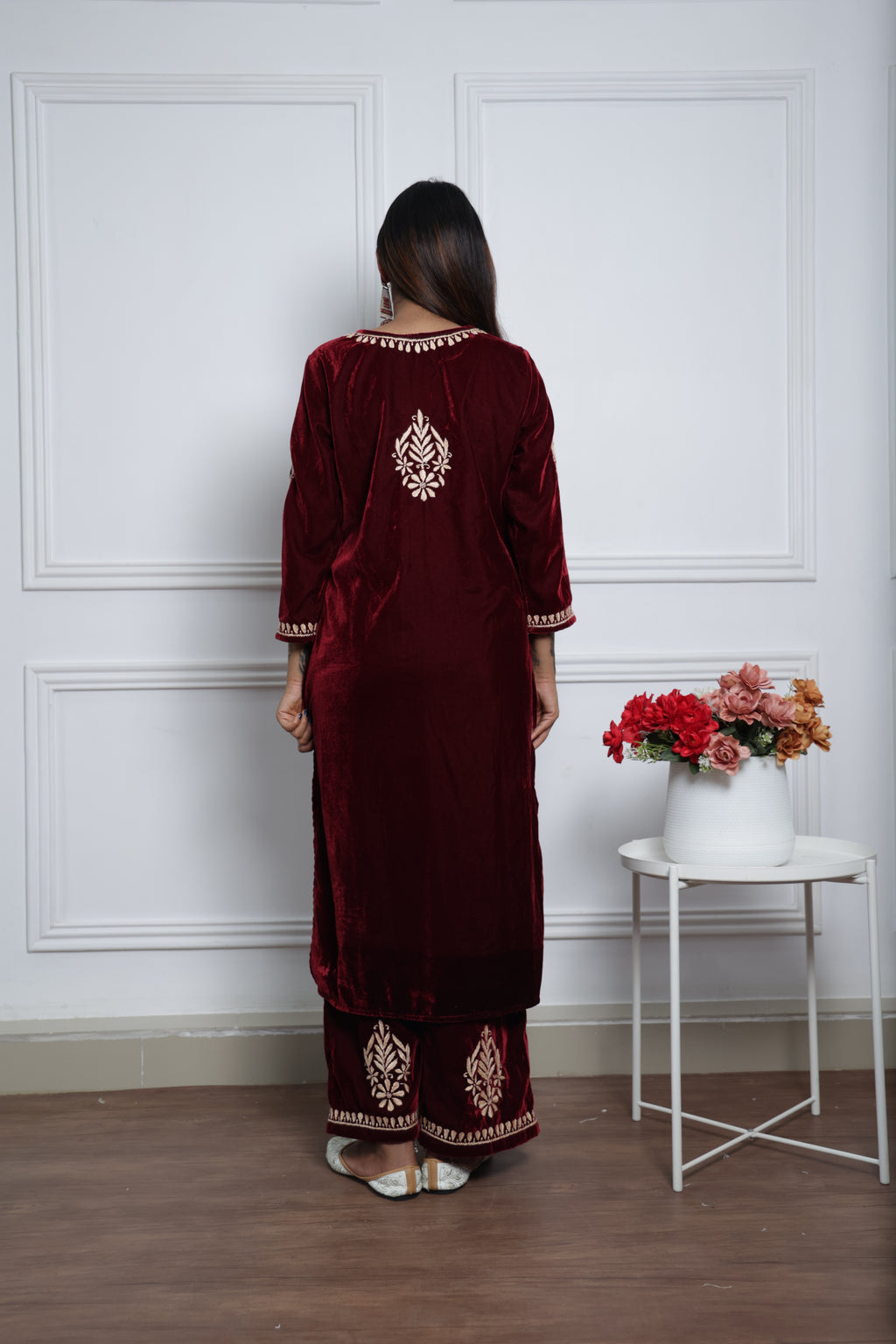 Maroon embroidered kurta set .