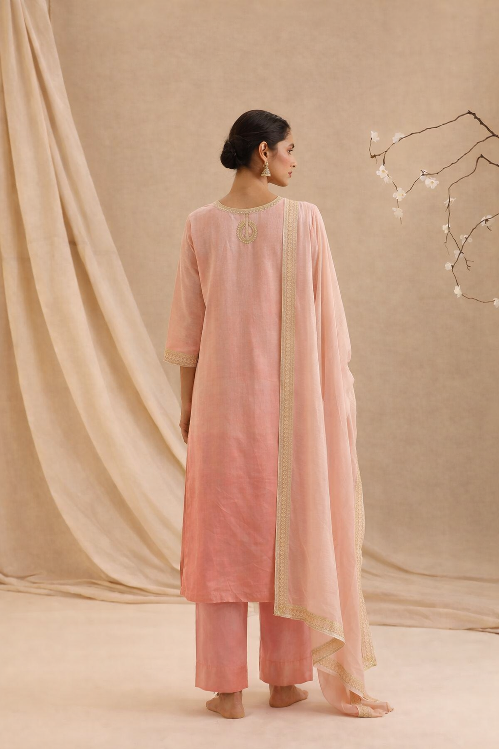 Silk Peach Ombre Embroidered Kurta Set