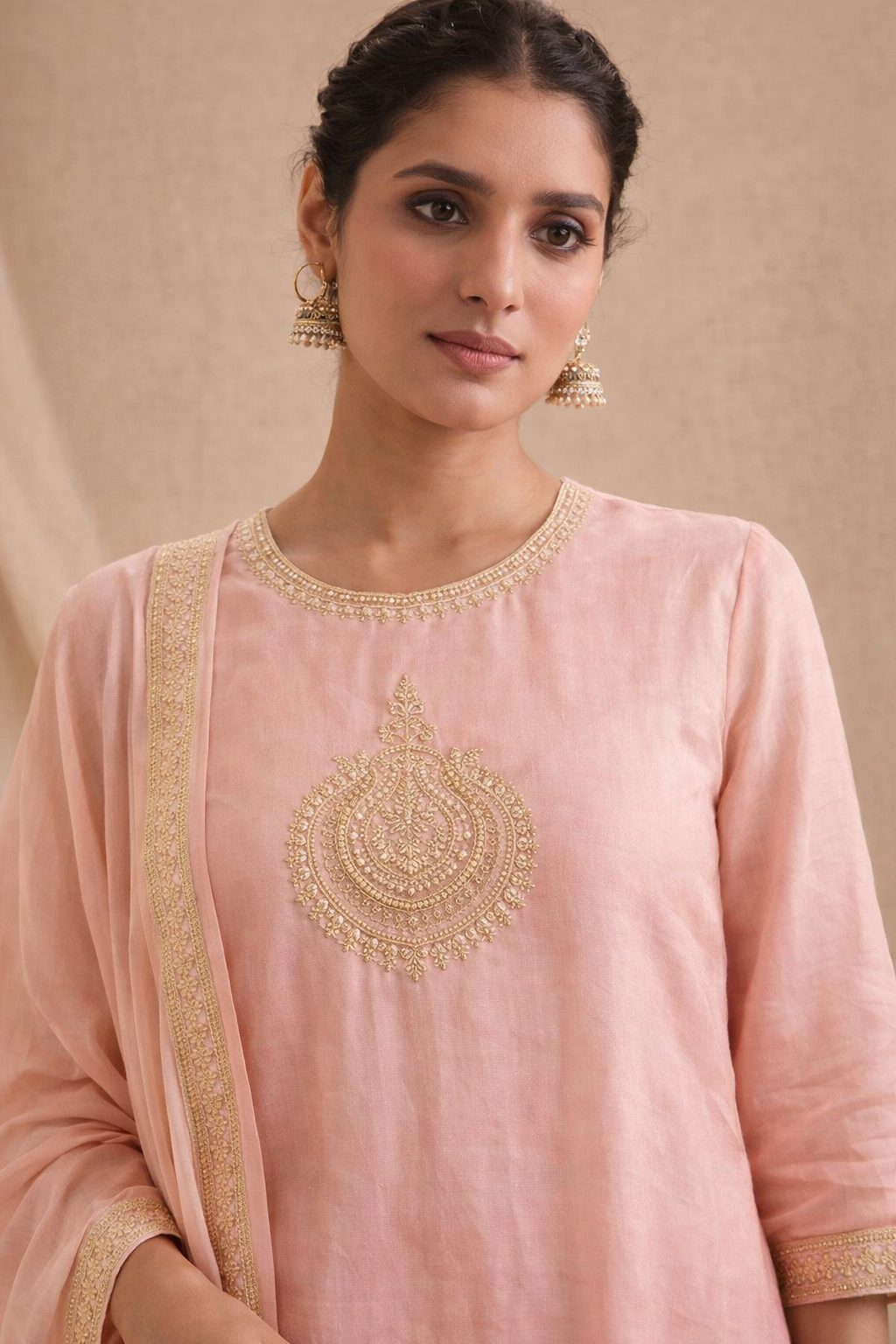 Silk Peach Ombre Embroidered Kurta Set