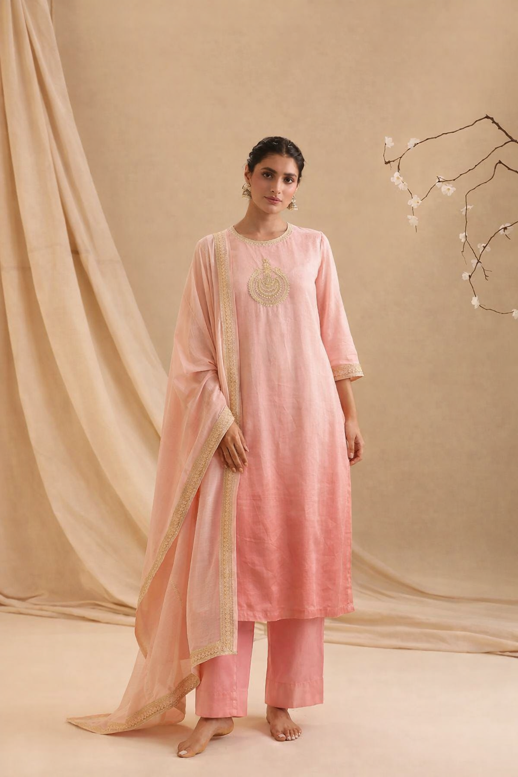 Silk Peach Ombre Embroidered Kurta Set