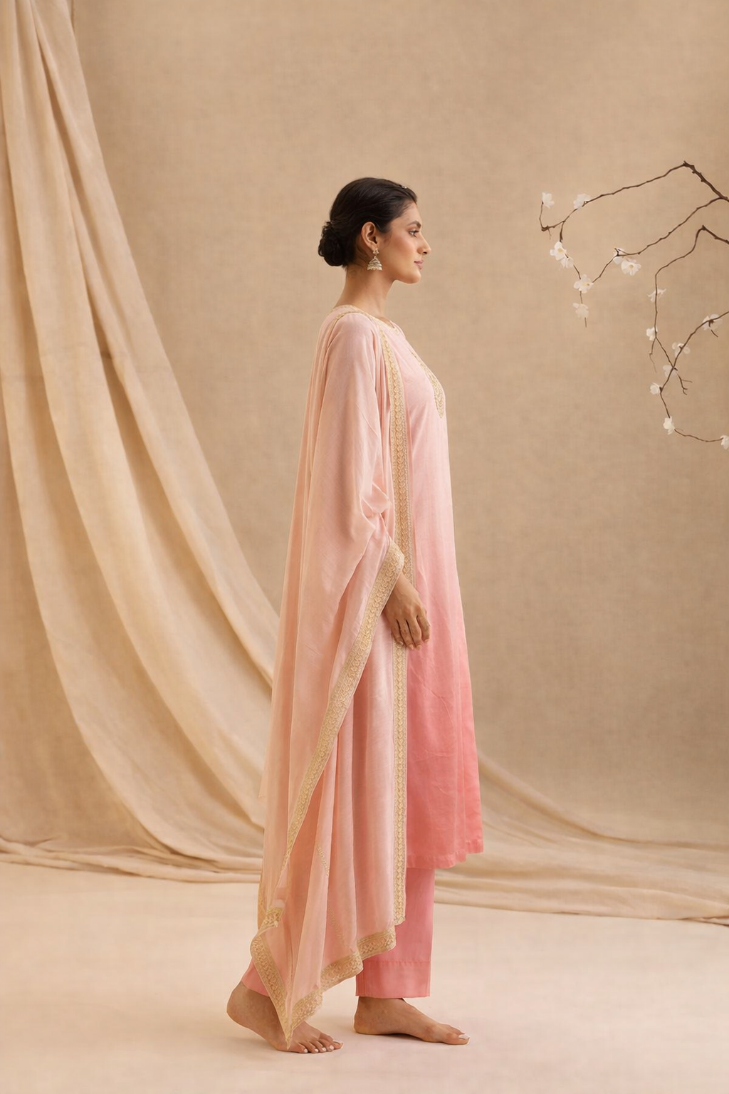 Silk Peach Ombre Embroidered Kurta Set