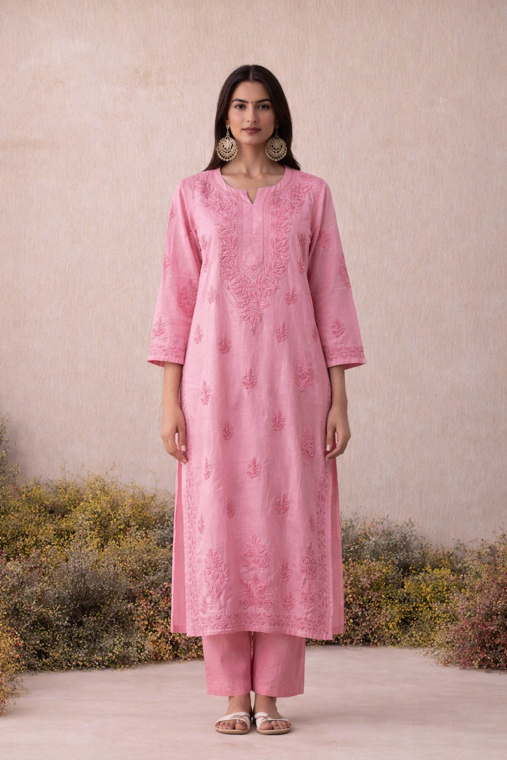 Pink Chikankari Long Kurta