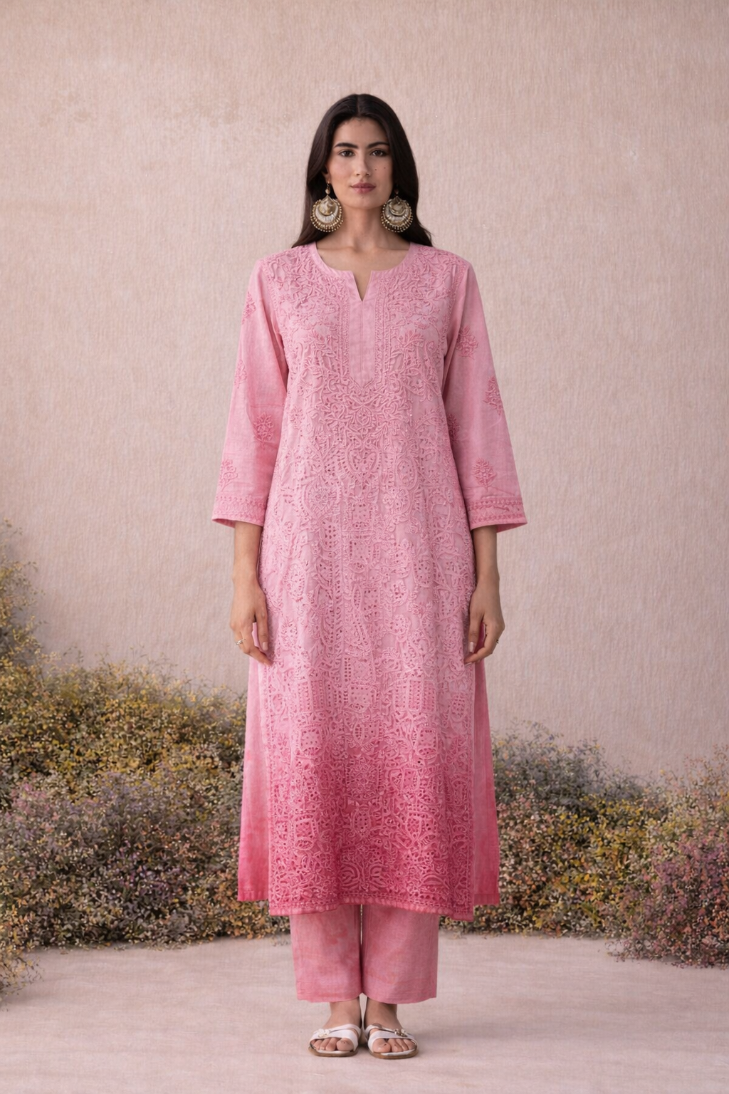 Pink Ombre chikankari mukaish work long kurta