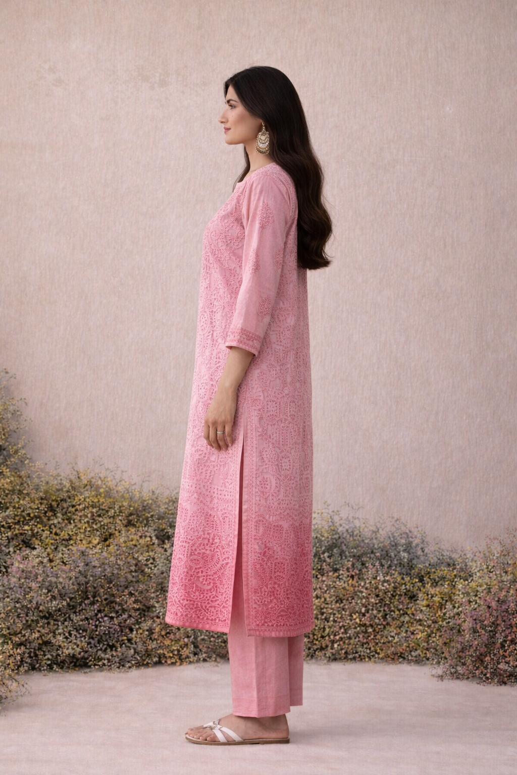 Pink Ombre chikankari mukaish work long kurta