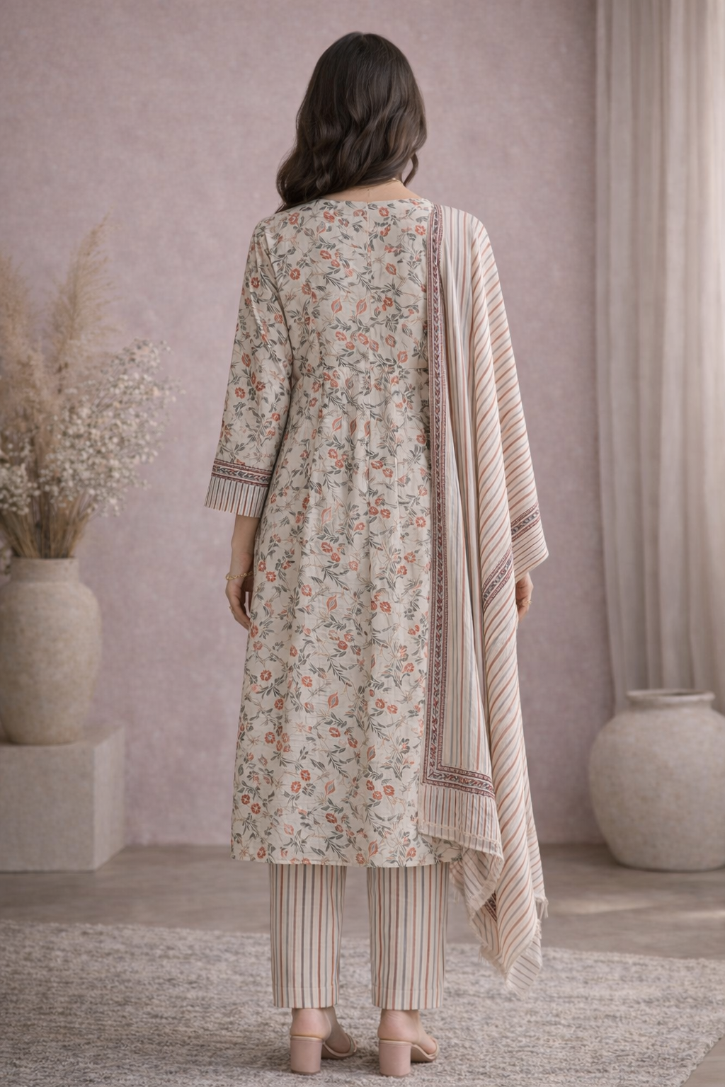 Beige Floral Printed Kurta Set