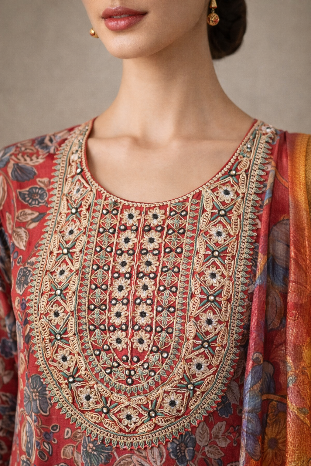 Red Floral Printed and Embroidered Kurta Set