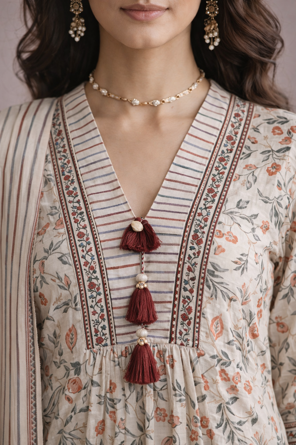 Beige Floral Printed Kurta Set