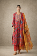 Red Floral Printed and Embroidered Kurta Set