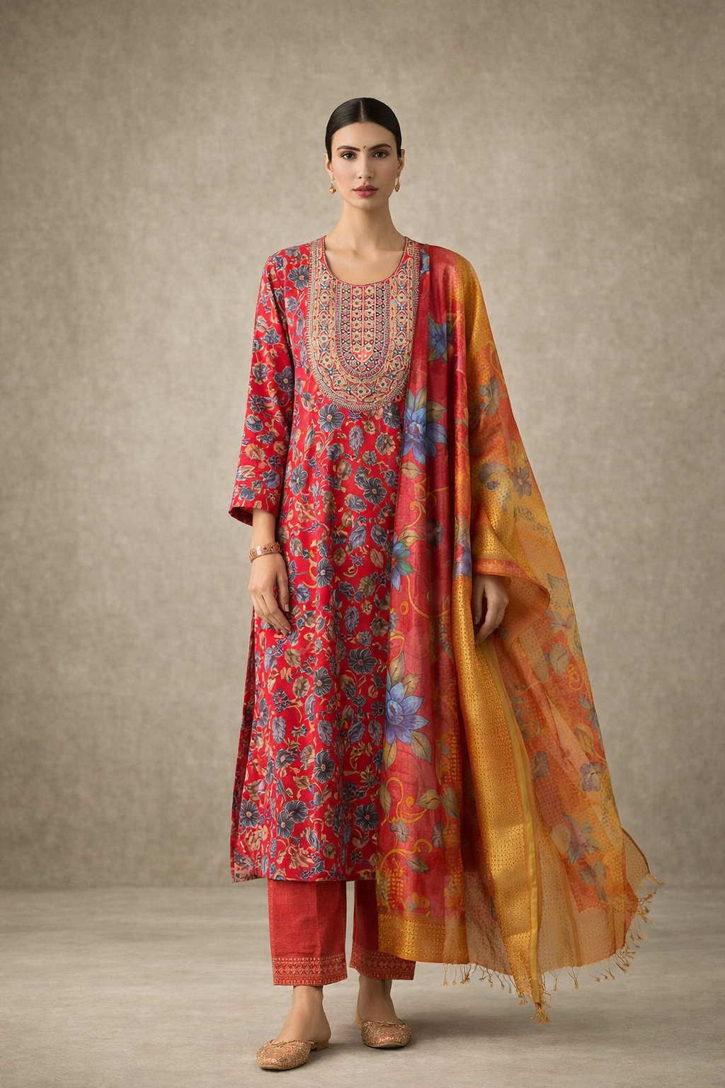 Red Floral Printed and Embroidered Kurta Set