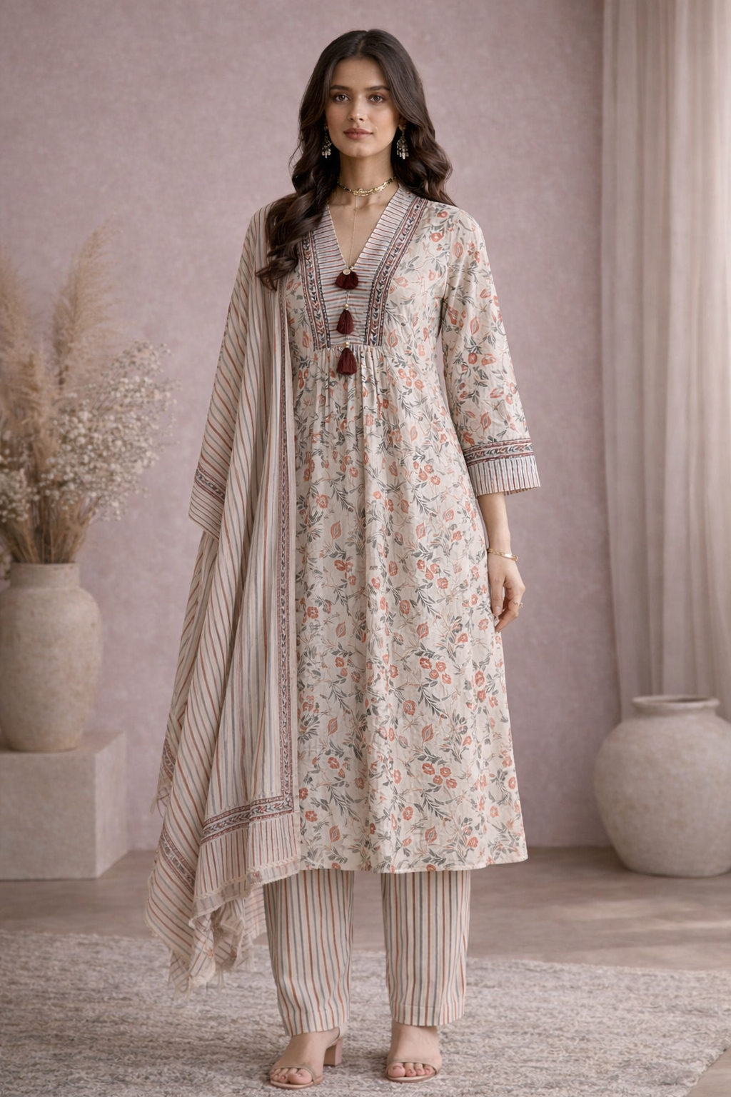 Beige Floral Printed Kurta Set