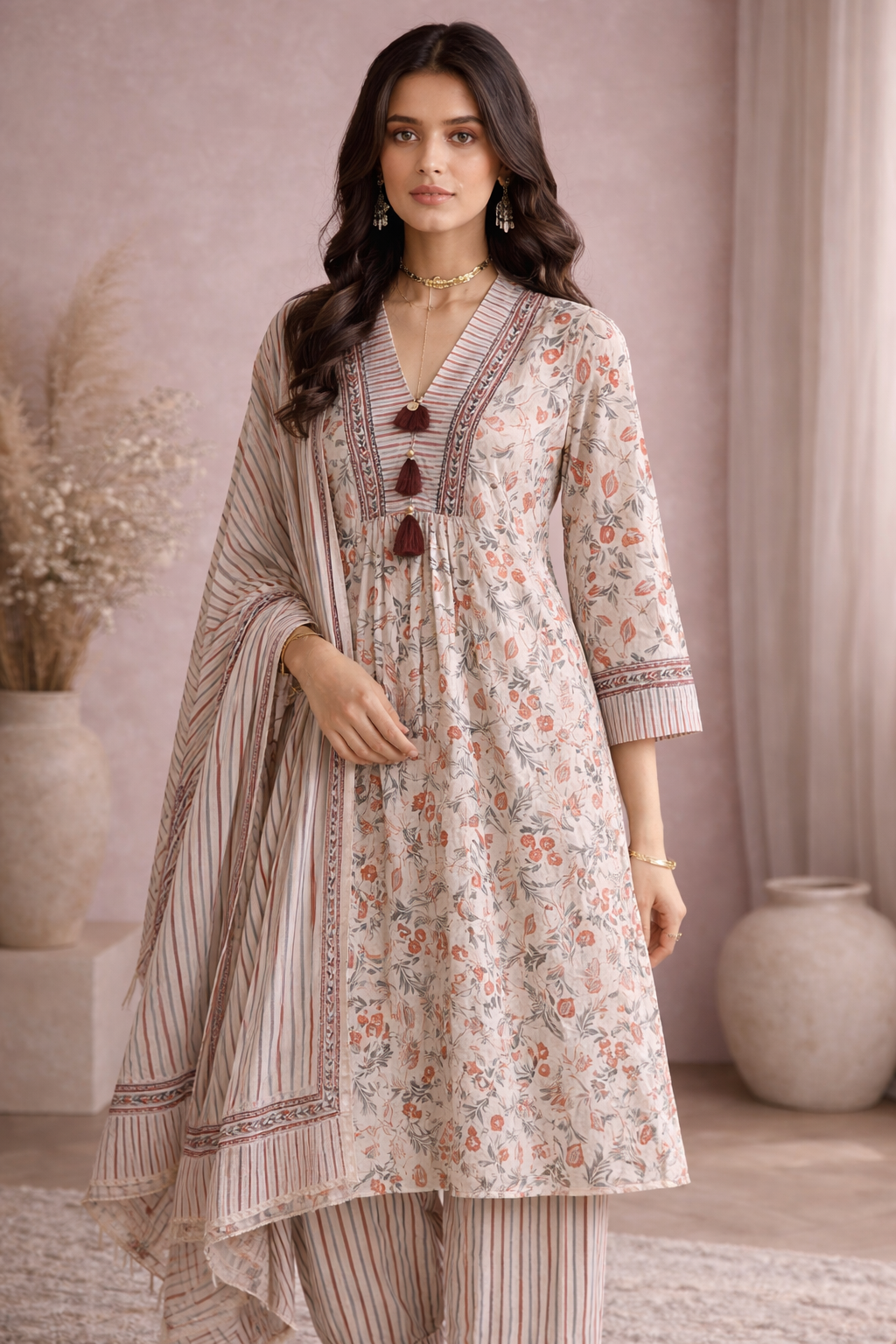 Beige Floral Printed Kurta Set