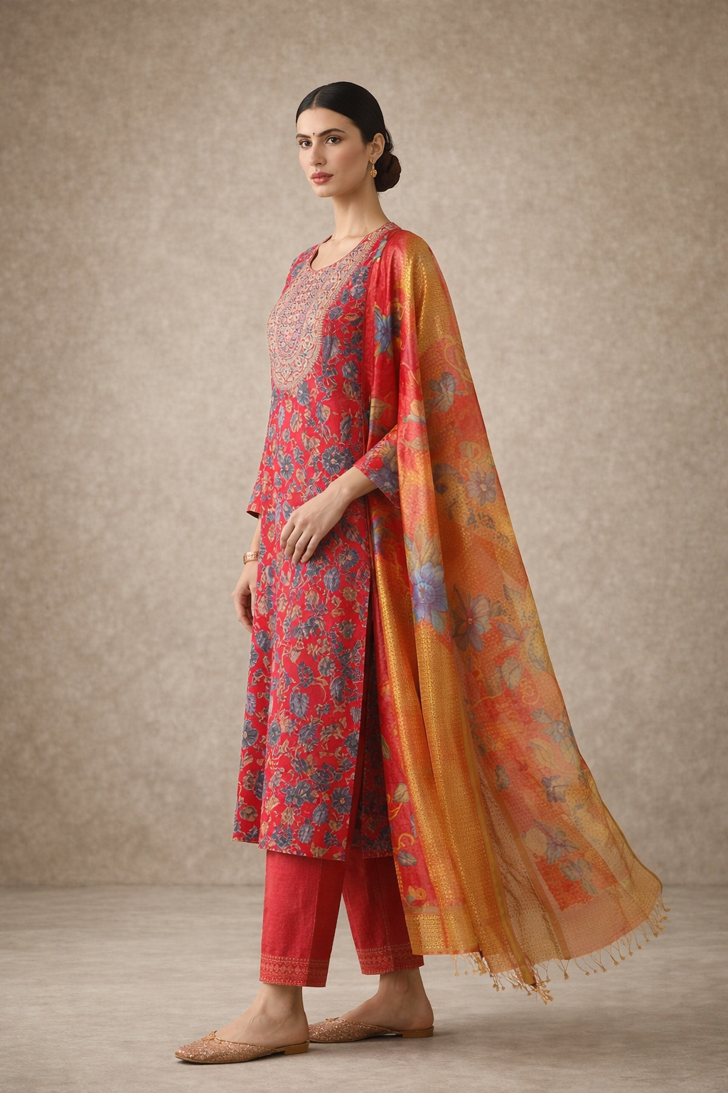 Red Floral Printed and Embroidered Kurta Set