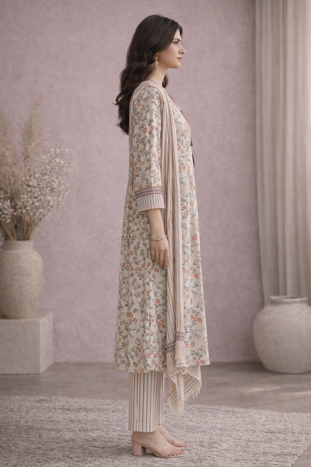 Beige Floral Printed Kurta Set