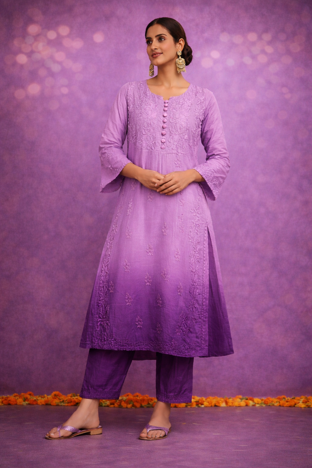 Purple ombre chikankari long kurta