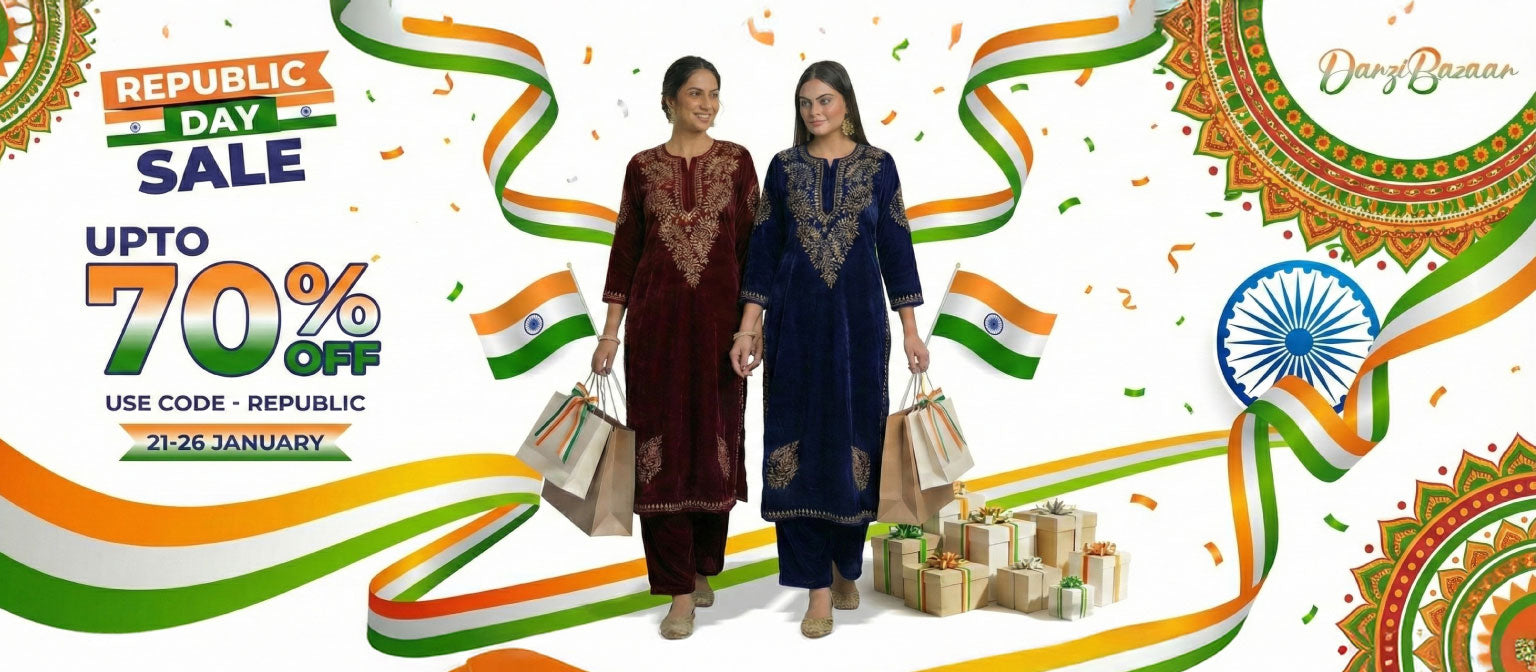 Two women in traditional outfits standing amidst Republic Day decorations with promotional text.