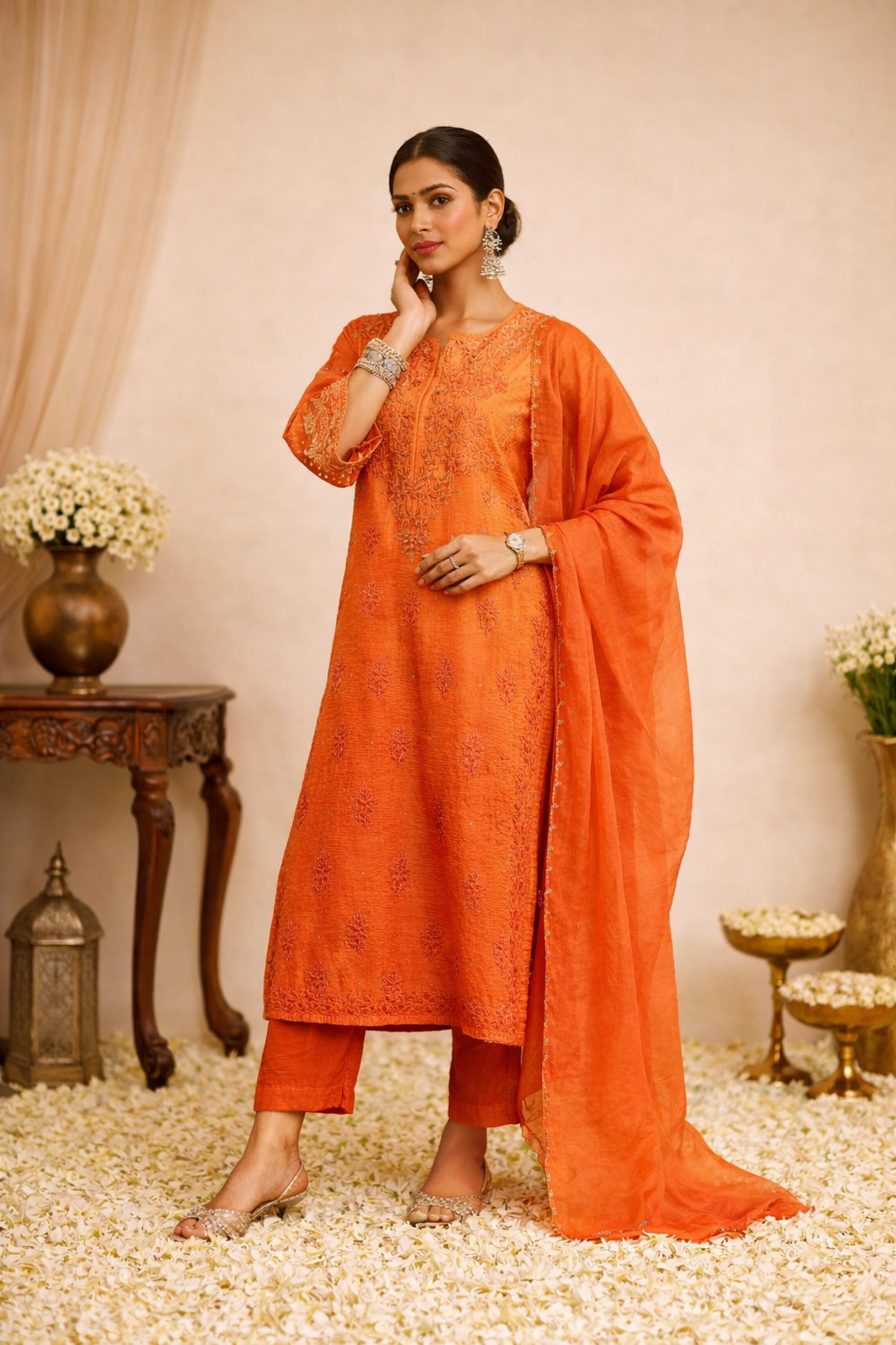 Rust orange Chikankari kurta set