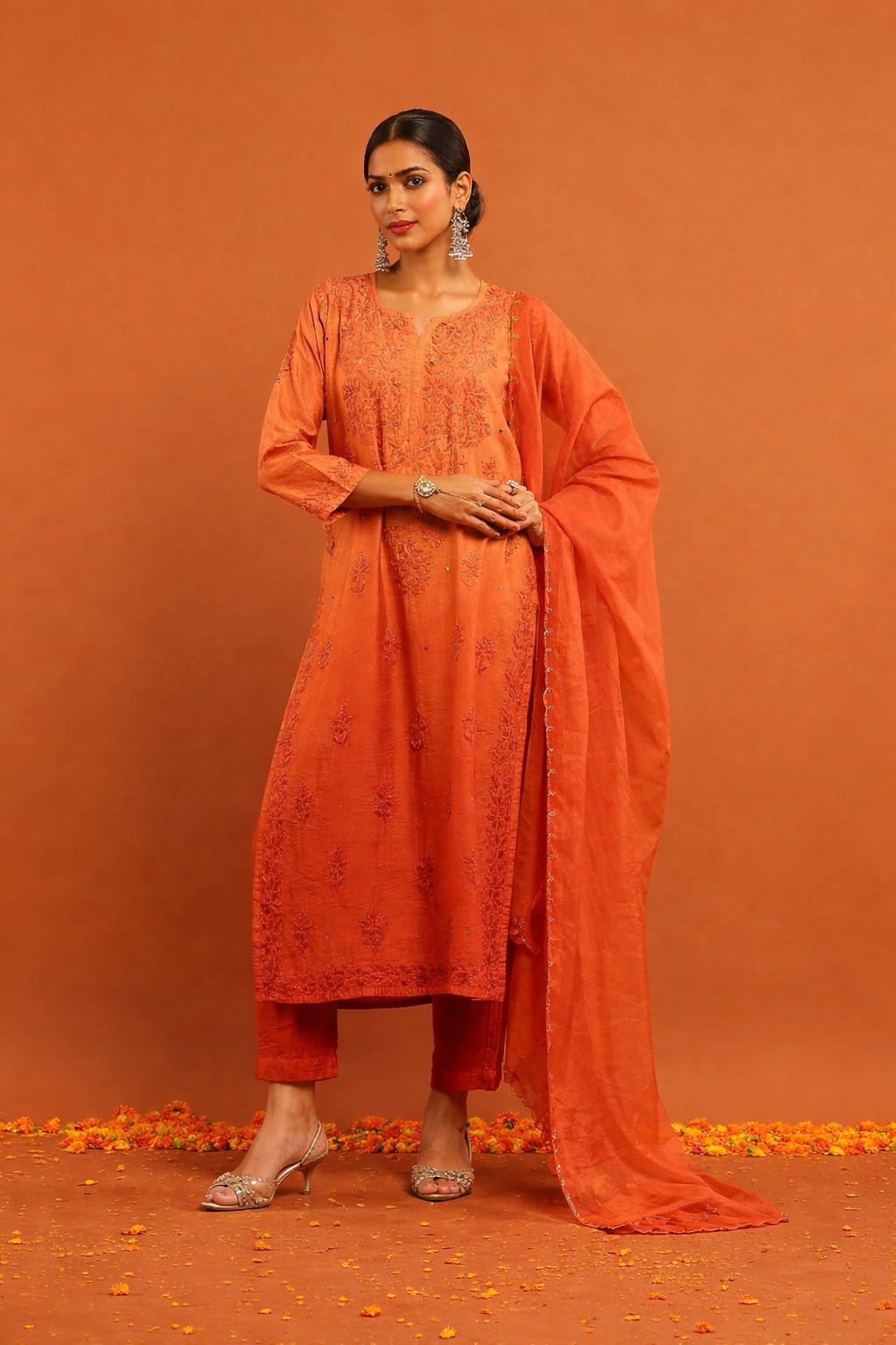 Rust orange Chikankari kurta set