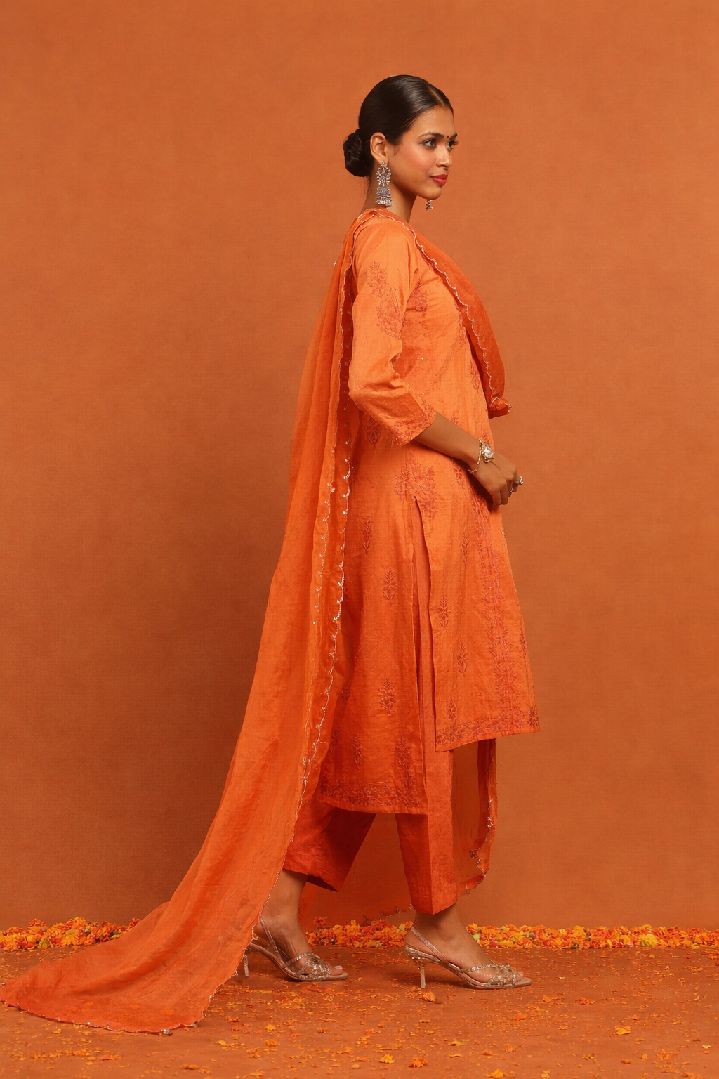 Rust orange Chikankari kurta set