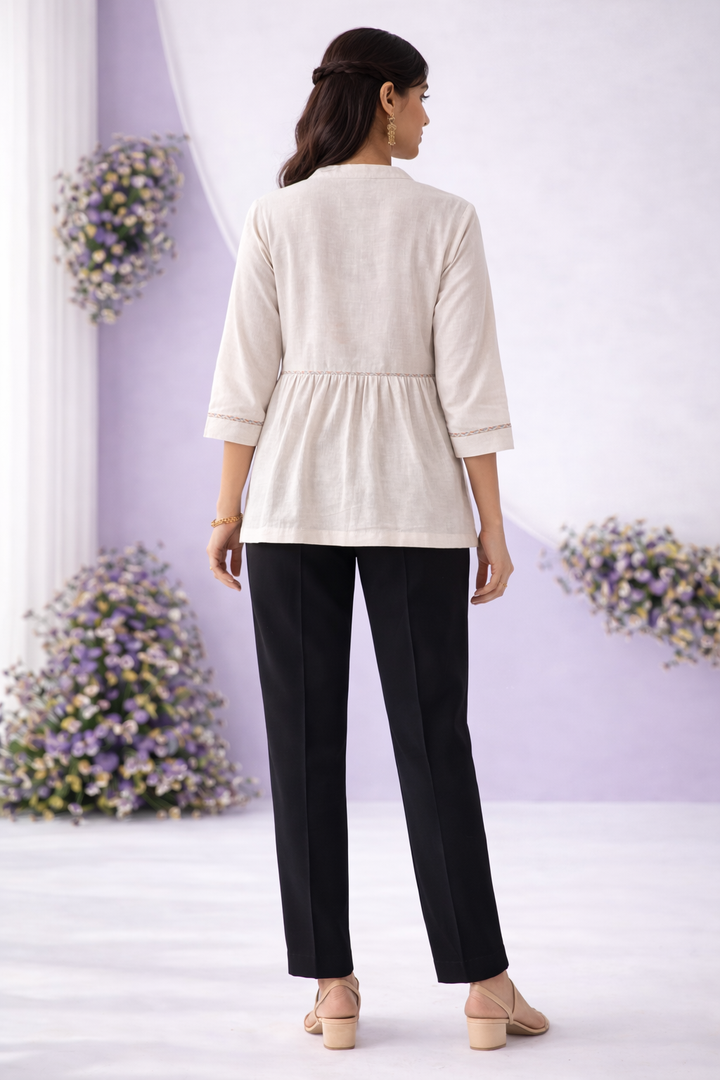 Beige Hand-Embroidered Short kurta