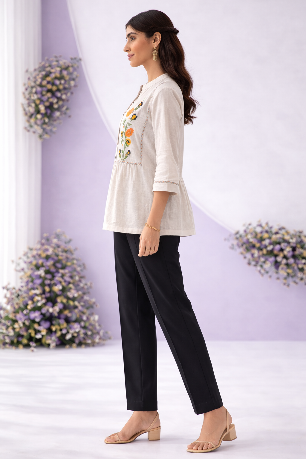 Beige Hand-Embroidered Short kurta