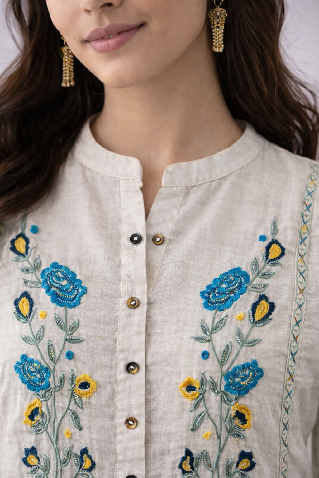 Beige Hand-Embroidered Short kurta with Blue Floral Motif